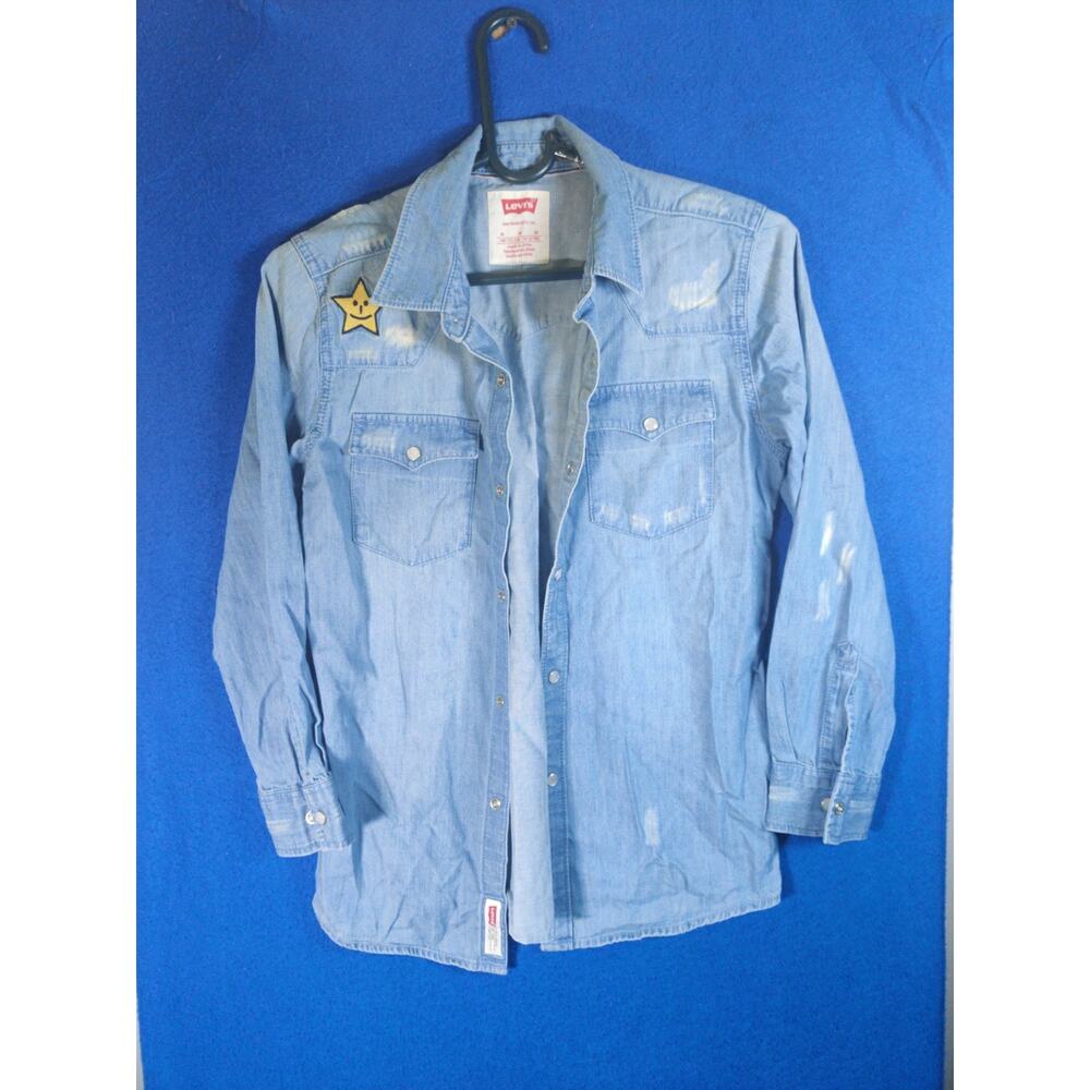 Levi's Boys Medium 10-12 Blue Denim Western Pearl Snap Long Sleeve Shirt Star - Picture 12 of 13
